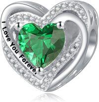 wholesale 925 Sterling Silver Heart Birthstone Charms for Bracelets Jewelry Gifts-Bead - May - Emerald