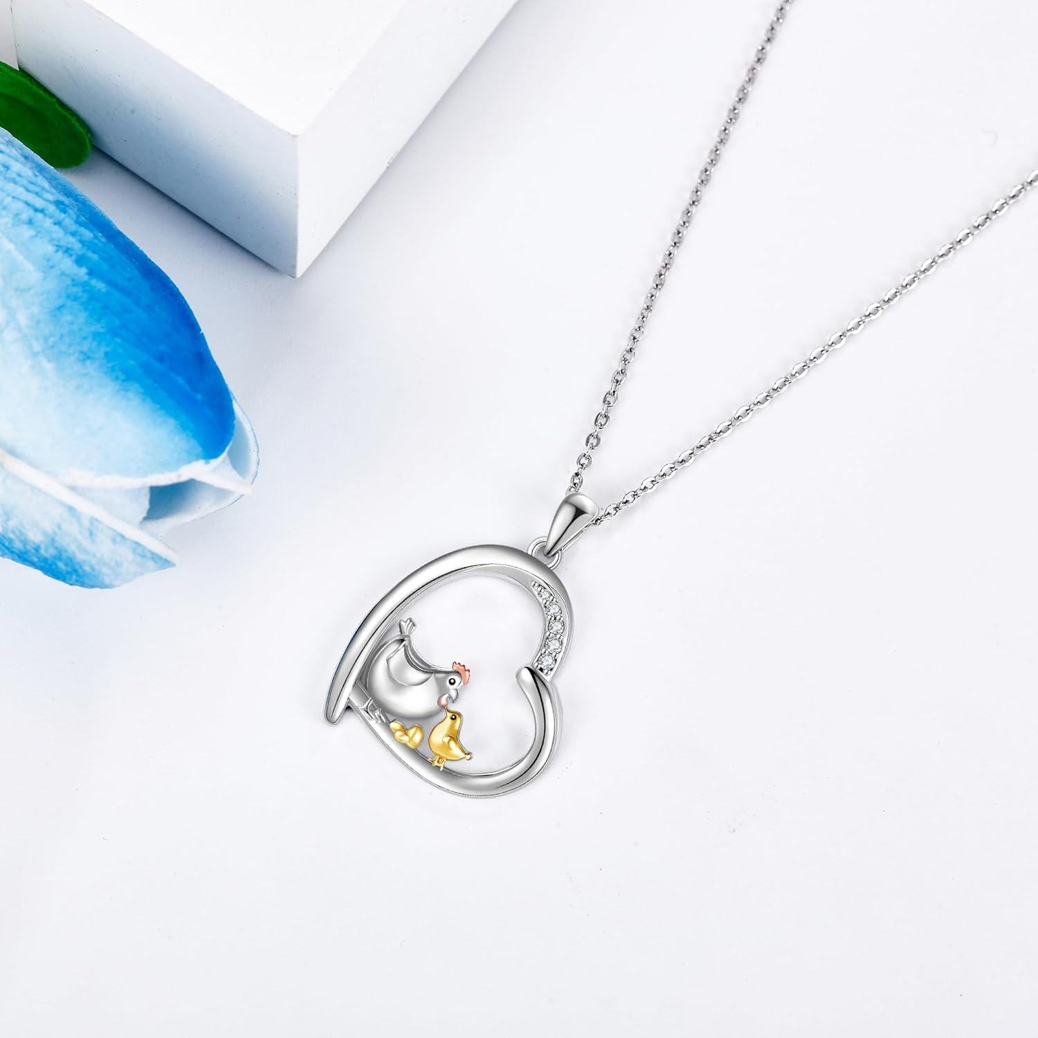 wholesale 925 Sterling Silver Chicken & Chick Heart Pendant Necklace for Women Girls Gifts-0-1