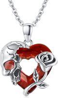 wholesale 925 Sterling Silver Red Garnet Heart Rose Skull Pendant Necklace-0-0