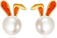 wholesale 14K Gold Pearl Bunny Ear Studs - Adorable Rabbit s for Girls and Women-rabbit