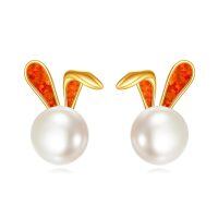 wholesale 14k Gold Bunny Rabbit Orange Opal Pearl Stud Earrings-rabbit