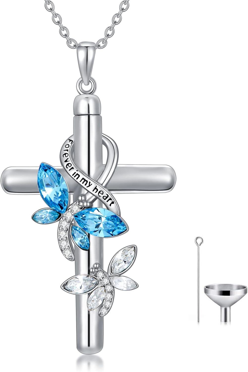 wholesale 925 Sterling Silver Urn Pendant Necklace w/ Blue Crystal Butterfly & Funnel Kit - Keepsake Jewelry-0-0