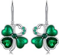 wholesale 925 Sterling Silver Green Crystal Shamrock Drop Earrings for Women-Clover