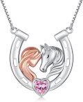 wholesale 925 Sterling Silver Pink Crystal Heart & Rose Gold Unicorn Head in Horseshoe Pendant Necklace for Women Girls Horse Lovers Gifts-0-0