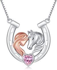 wholesale 925 Sterling Silver Pink Crystal Heart & Rose Gold Unicorn Head in Horseshoe Pendant Necklace for Women Girls Horse Lovers Gifts-Horse 2