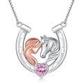 wholesale 925 Sterling Silver Pink Crystal Heart & Rose Gold Unicorn Head in Horseshoe Pendant Necklace for Women Girls Horse Lovers Gifts-0-0