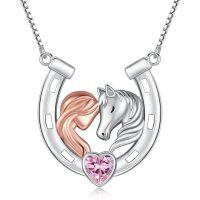 wholesale 925 Sterling Silver Pink Crystal Heart & Rose Gold Unicorn Head in Horseshoe Pendant Necklace for Women Girls Horse Lovers Gifts-Horse 2