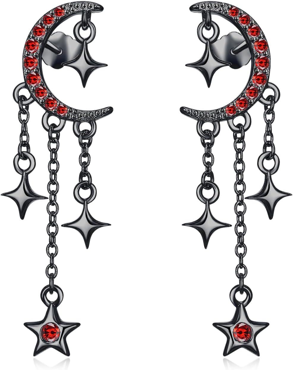 Sterling Silver CZ Sparkling Crescent Moon Star Stud Tassel Earrings-Black