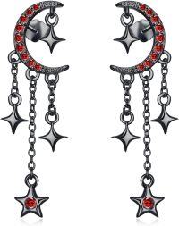 wholesale Gold 925 Sterling Silver CZ Sparkling Crescent Moon & Stars Dangle Drop Earrings with Chain 2 Long-Black