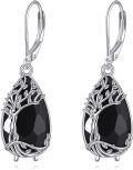 wholesale 925 Sterling Silver Tree of Life Black Onyx Teardrop Leverback Earrings-0-0