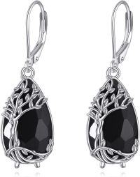 wholesale 925 Sterling Silver Tree of Life Black Onyx Teardrop Leverback Earrings-Tree of Life