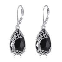 wholesale 925 Sterling Silver Teardrop Earrings With Black Stones And Leaf Design-Tree of Life