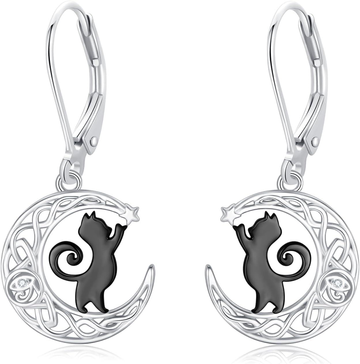 Sterling Silver Moon Black Cat Dangle Earrings for Women-0-0