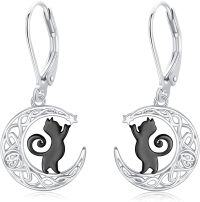 wholesale 925 Sterling Silver Moon Black Cat Drop Earrings for Women-B-Silver Moon Cat