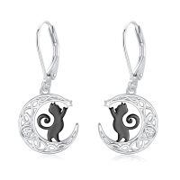 wholesale 925 Sterling Silver Moon Black Cat Drop Earrings for Women-B-Silver Moon Cat