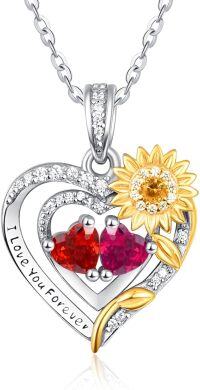 wholesale Sterling Silver 2 Birthstones Sunflower Heart Necklace for Women-01-07-Jan-Jul
