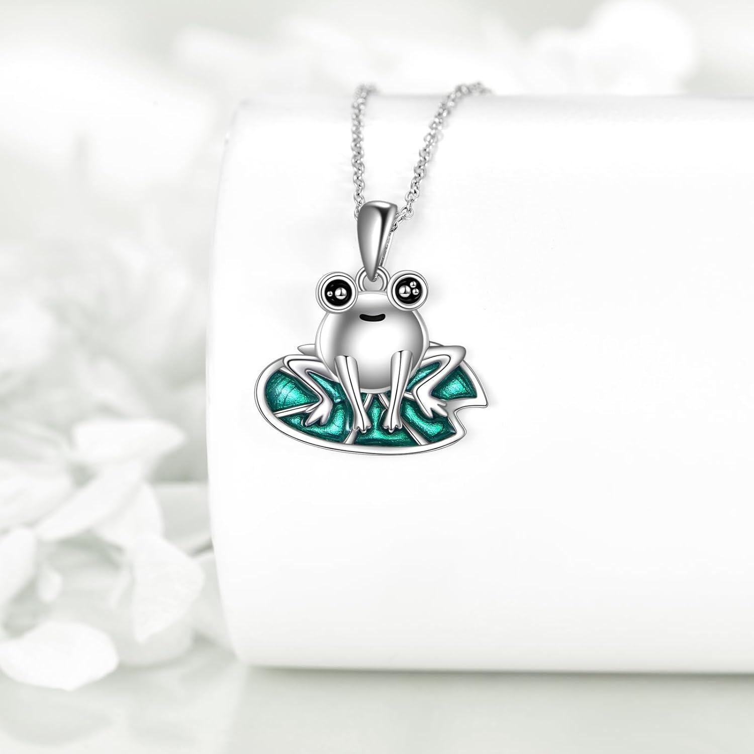 925 Sterling Silver Frog Pendant with Green Enamel Leaves Necklace for Women-0-1
