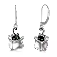 TOUPOP Sterling Silver & Stone Black Cat Dangle Leverback Earrings-undefined