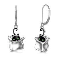 TOUPOP Sterling Silver & Stone Black Cat Dangle Leverback Earrings-undefined