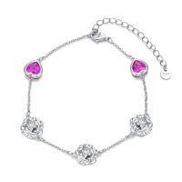 wholesale 925 Sterling Silver Heart-Shaped Pink Stone & Rose Flower Charm Adjustable Bracelet Gift for Women and Girls-10-Flower