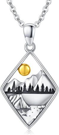 wholesale 925 Sterling Silver Cubic Zirconia-Shaped Mountain & Forest Scene Pendant Necklace with Natural Gemstone Accent-E-Rhombus Mountain
