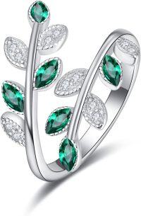 wholesale Sterling Silver Cubic Zirconia Dainty Leaf Rainbow Adjustable Open Ring-green