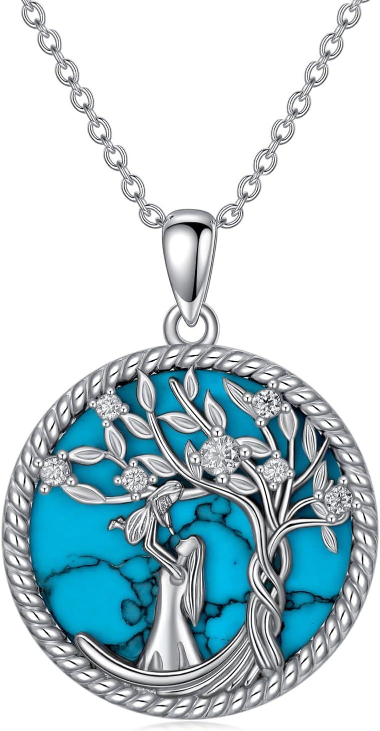 925 Sterling Silver Turquoise and Diamond Tree of Life Pendant Necklace for Women's Mothers' Day Gift-0-0