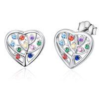 wholesale 925 Sterling Silver Multicolor CZ Heart Tree of Life Stud Earrings for Women-Tree Heart
