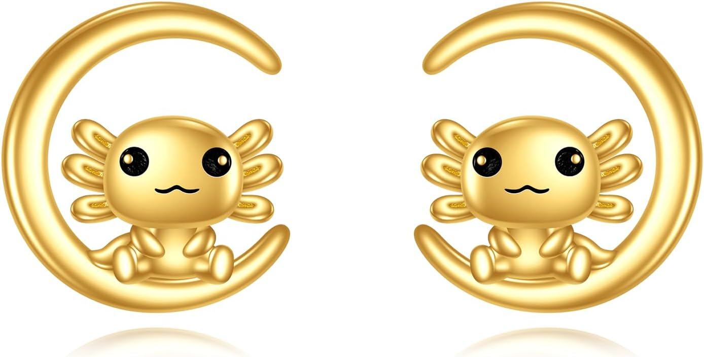 14K Gold Moon Stone Animal Earrings Solid Gold Studs for Women Real Jewelry Gifts-G-Axolotl