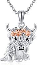 wholesale 925 Sterling Silver Highland Cow Flower Crown Charm Pendant Necklace for Women Girls  45cm Chain Length-0-0