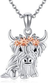 wholesale 925 Sterling Silver Highland Cow Flower Crown Charm Pendant Necklace for Women Girls  45cm Chain Length-Highland Cow Necklace