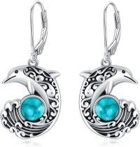 wholesale Sterling Silver Vintage Green Turquoise Elephant Fox Horse Dolphin Dangle Leverback Earrings-Dolphin