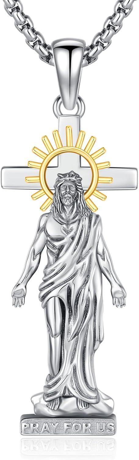 925 Sterling Silver Jesus Christ Cross Pendant with Halo and Stone Protection Necklace for Men & Women-0-0