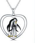 wholesale 925 Sterling Silver Penguin Family Heart Pendant with Lab-Grown Cubic Zirconia Necklace for Women and Girls-0-0