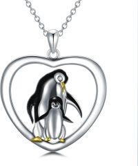wholesale 925 Sterling Silver Penguin Family Heart Pendant with Lab-Grown Cubic Zirconia Necklace for Women and Girls-Penguin