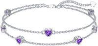 wholesale  Sterling Silver Heart Birthstone Anklet Bracelets for Women -02-Amethyst Bracelet 7\"-9\"