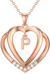 wholesale Sterling Silver Moissanite Heart Initial Pendant Necklace for Her-Rose Gold - P Initial