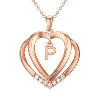 wholesale 925 Sterling Silver Moissanite Heart Initial Pendant Necklace for Her-Rose Gold - P Initial