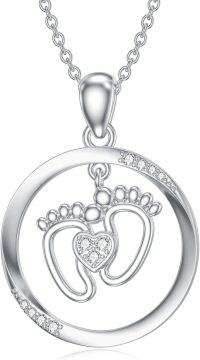 wholesale 925 Sterling Silver Heart-Shaped Footprint Pendant with Cubic Zirconias and Chain - Mother's Day Gift for Expecting Moms-Babyfeet-style 2