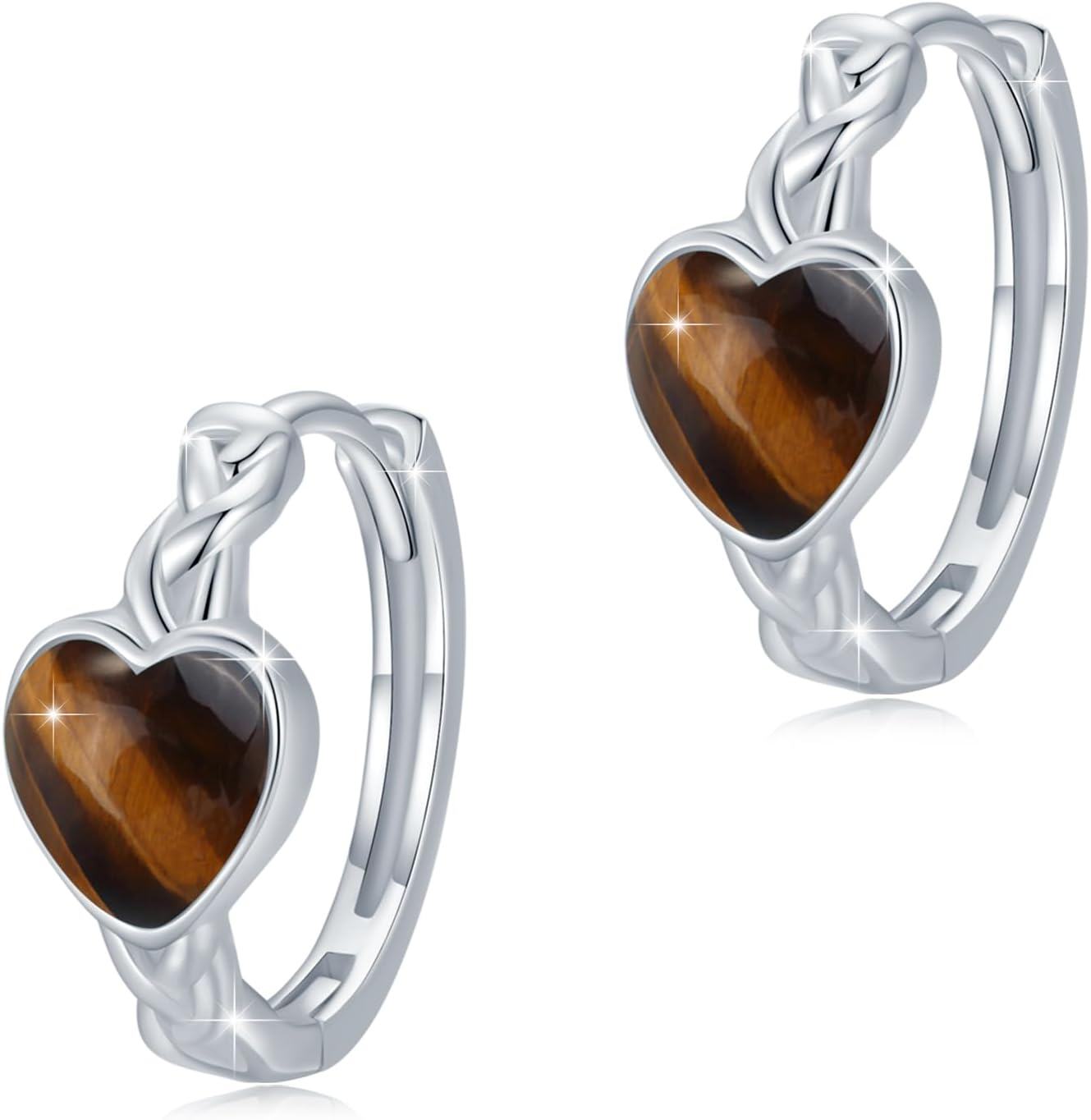 925 Sterling Silver Tiger Eye Stone Celtic Heart Hoop Earrings - Small Huggies  for Her-0-0