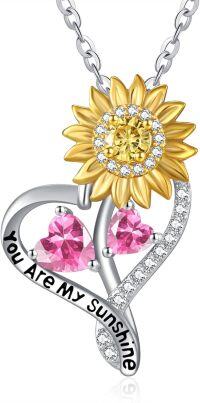 wholesale S925 Sterling Silver with 2-Carat Tourmaline Sunflower Birthstone Pendant Necklace for Women, Love Gift-10-10-Oct-Oct