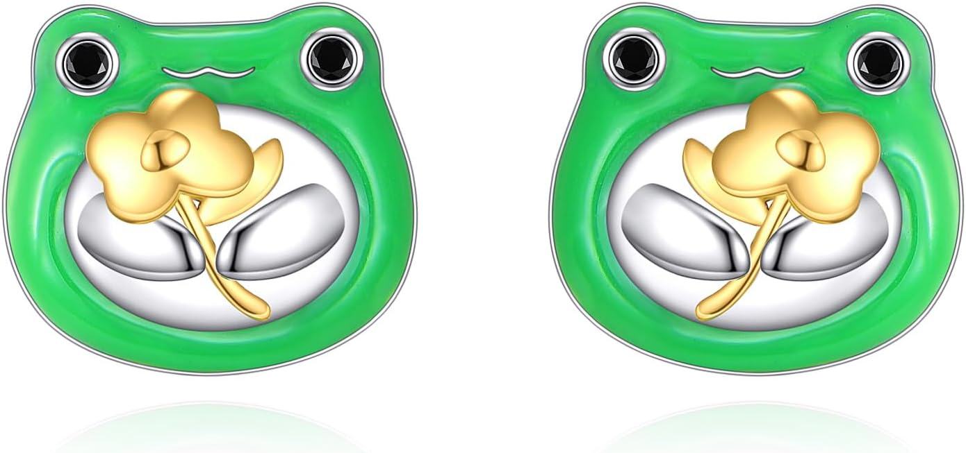 wholesale 925 Sterling Silver Frog Flower Stud Earrings Green Enamel Gold Plated Jewelry for Girls and Women 3D Animal Design Minimalist Fashion Accessories Gift Boxed-0-0