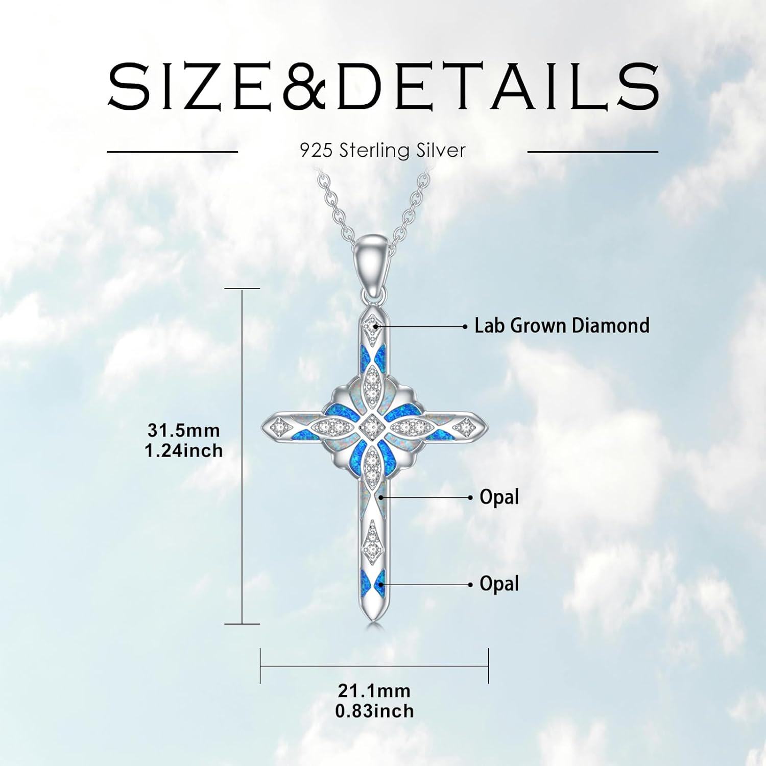 wholesale 925 Sterling Silver Blue Opal Inlay Cubic Zirconia Cross Pendant Necklace for Women-0-4