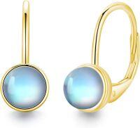 wholesale  925 Sterling Silver Yellow Gold Moonstone Earrings for Women, Hypoallergenic, Nickel-Free, 6x8mm, Gift Box, Romantic Blue Stone Jewelry-Moonstone B14K