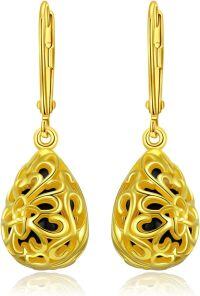 wholesale Gold 925 Sterling Silver Leverback Drop Earrings with Black Onyx and Heart Design-Filigree