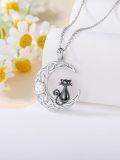 wholesale 925 Sterling Silver & 14k Gold Plated Moon with Black Cat Pendant Necklace - 3D Claw Design and Cubic Zirconia Stone (Black)-0-3
