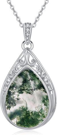 wholesale Sterling Silver Gemstone Teardrop Filigree Pendant Necklace-Moss Agate