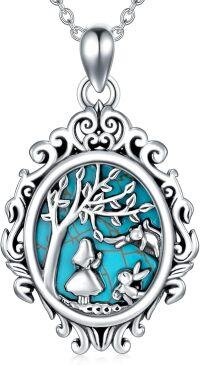 wholesale  Sterling Silver Natural Gemstone Alice in Wonderland Necklace for Women -A1-Natural Turquoise-White Gold Color