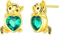 wholesale Sterling Silver Birthstone Tiger Holding Heart Stud Earrings for Women-May