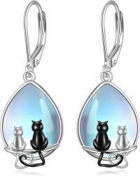 wholesale 925 Sterling Silver Moonstone Cat Family CZ Drop Earrings-cat